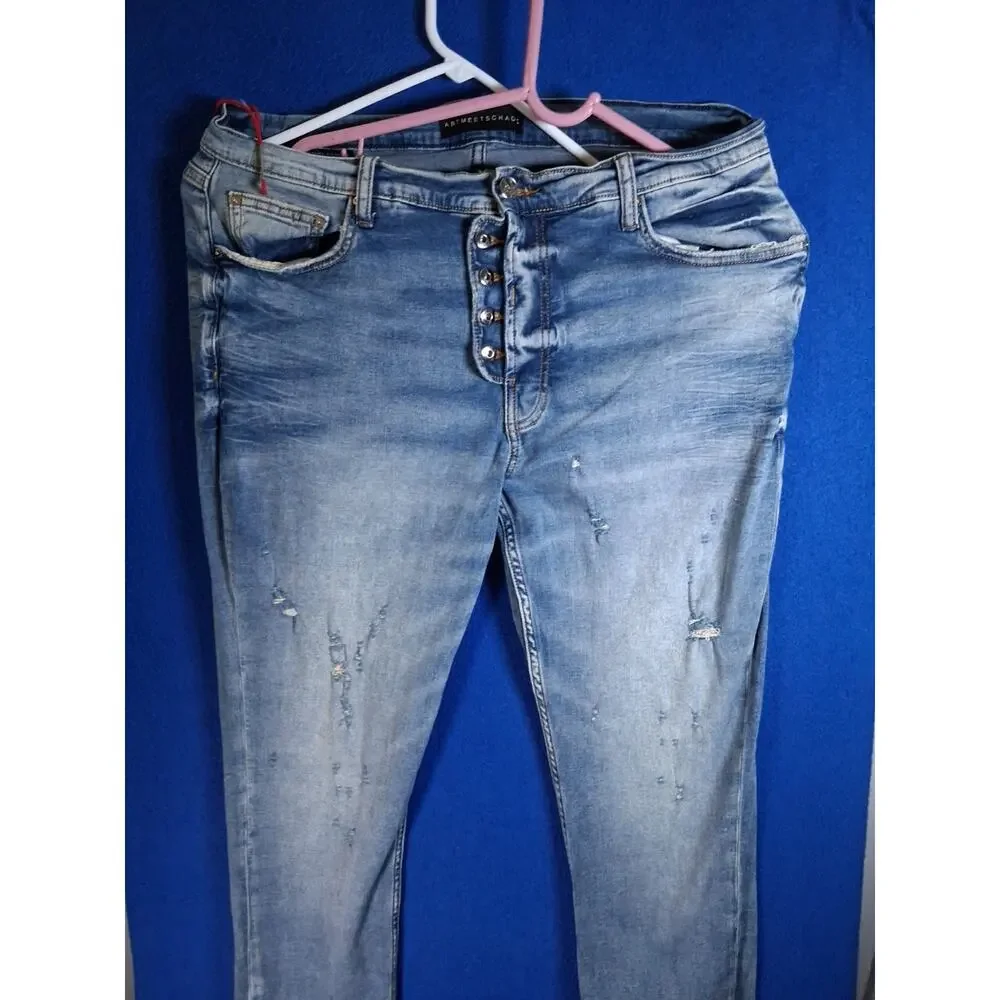 Art Meets Chaos Donwan Harrell Mens Distressed Skinny Jeans Blue Button Fly 38